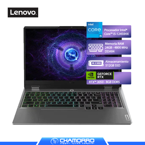 LAPTOP LENOVO LOQ 15IAX9. INTEL CORE i5-12450HX, 24GB DDR5, SSD 512GB, RTX 3050, 15.6" FHD